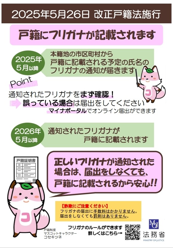 令和7年5月26日から戸籍に氏名の振り仮名が記載されますの画像
